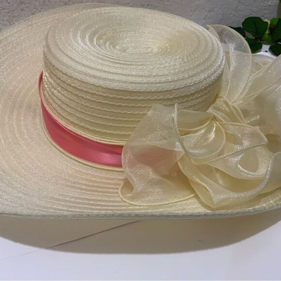 FORBUSITE Yellow and pink ribbon Lady Dress Hat Straw - Picture 1 of 8